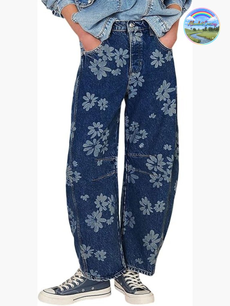 Y2k Distressed Barrel Jeans Baggy Wide Leg Floral Printed Boyfriend Patchwork